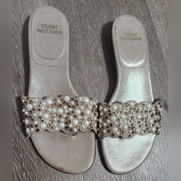 Stuart Weitzman Beige Textured Suede Studded Thong Slides  7.5 - Picture 2 of 8